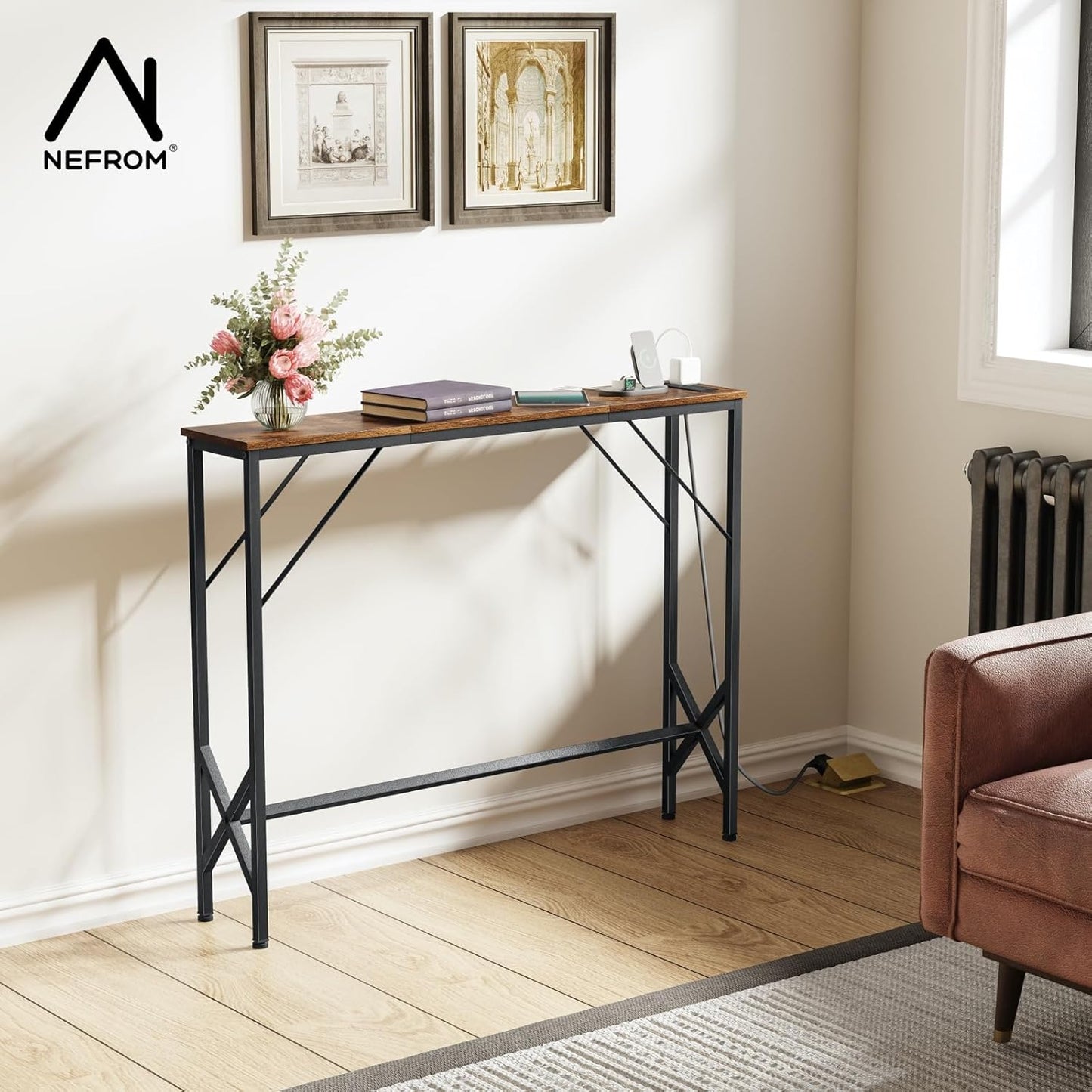 39.4" Console Table, Skinny Entryway Table with Fast-Charging Station, Narrow Long Sofa Table, Behind Slim Couch Table for Entrance, Hallway, Living Room Decor ST-BR100-1