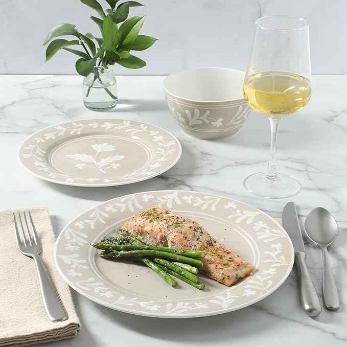 Martha Stewart Dinnerware Set - Maiden Crown 12-Piece Dish Set, Taupe – New Bone China Ceramic Plates & Bowls – Floral Design – Service for 4 – Microwave & Dishwasher Safe