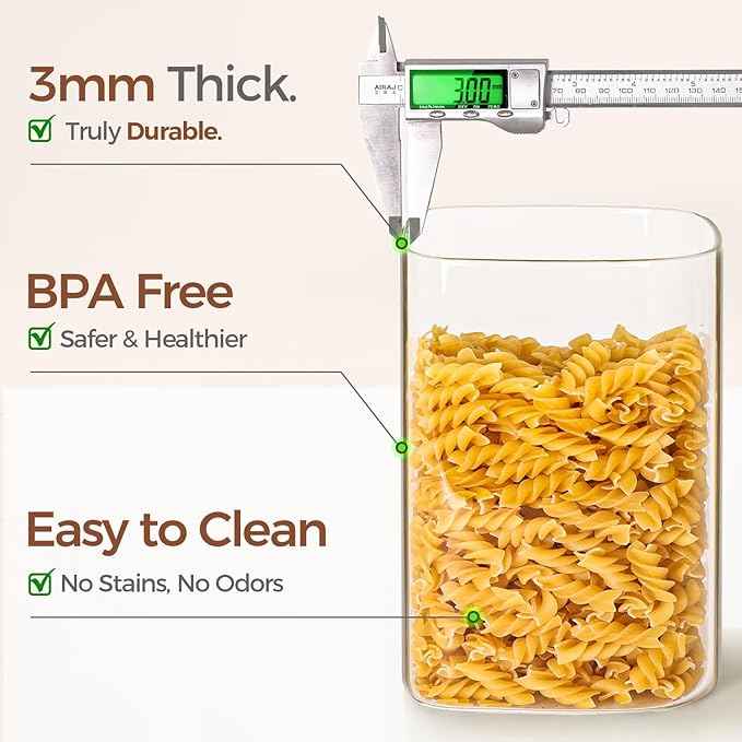 ComSaf Glass Pantry Storage Containers, 4.6Qt/1.6Qt Large Square Flour and Sugar Containers with Airtight Lids, 1.2 Gallon Glass Jars with Bamboo Lids for Rice, Pasta, Cookies, Coffee Beans