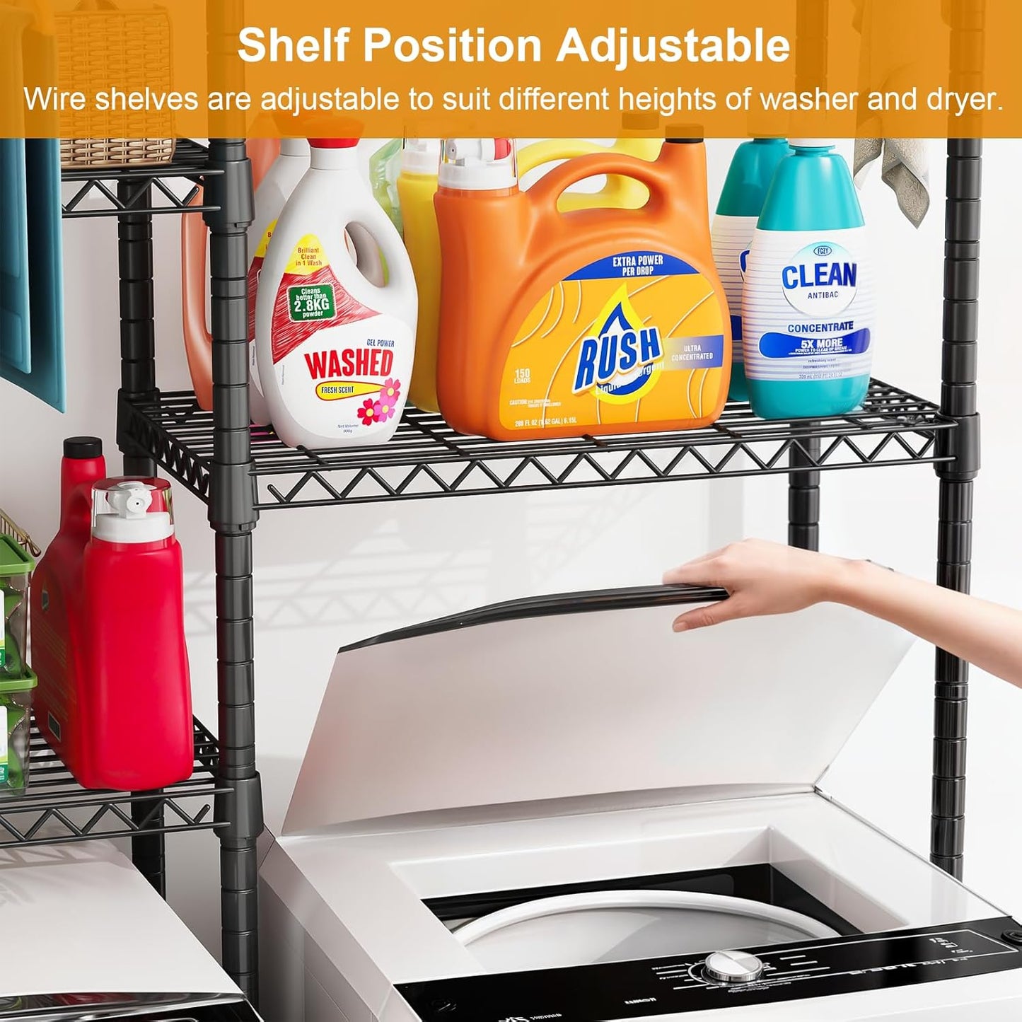 U14 Over Washer and Dryer Storage Shelves, 4 Tiers Laundry Room Storage and Organizer System, Space Saving Clothes Drying Rack with 2 Clothes Hanger Rods, 66.5" W x 20.5" D x 77.4" H, Black