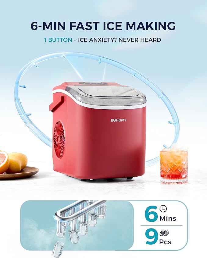 EUHOMY Countertop Ice Maker Machine with Handle, 26lbs Per Day, 9 Ice Cubes Ready in 6 Mins, Auto-Cleaning Portable Ice Maker with Basket and Scoop, for Home/Kitchen/Camping/RV (Red)