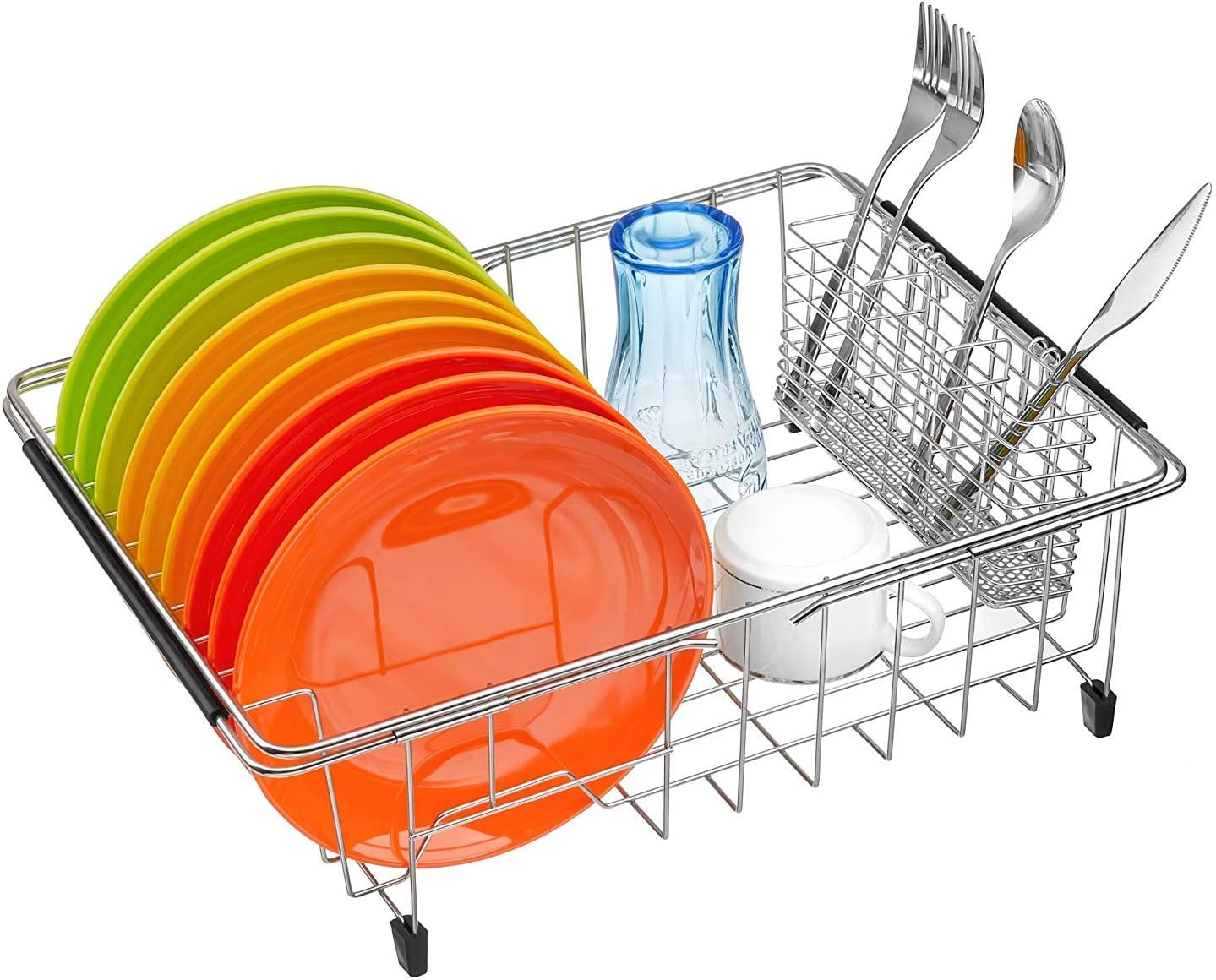 SANNO Large Expandable Dish Drying Rack Dish Rack Drainer with Stainless Steel Utensil Holder Over The Sink Dish Drainer Dish Rack in Sink On Counter