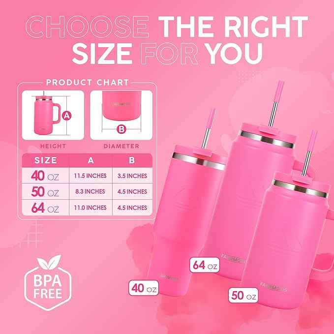 FAHRMOSIS 40 Oz Tumbler with Handle and Straw Insulated Cup that Fits in Cup Holder for Hot & Cold Drinks Leak Proof Tumbler with Straw Stainless Steel Travel Mug for Men & Women - Hot Pink