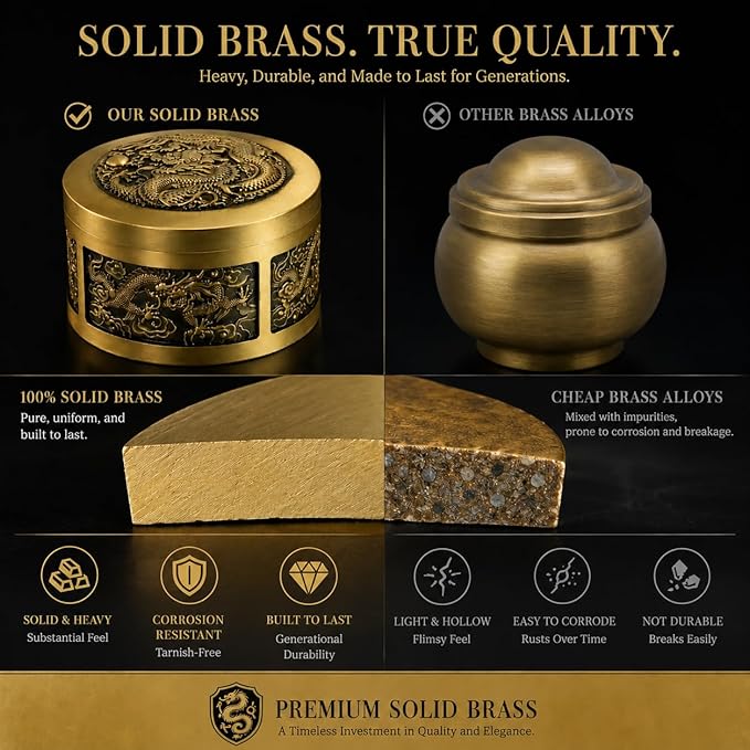 Solid Brass Decorative Bowl with Lid, Gold Metal Key Holder for Entryway Table, Small Catch All Jewelry Box for Rings & Trinkets, Dragon Carving Home Decor Brings Good Fortune