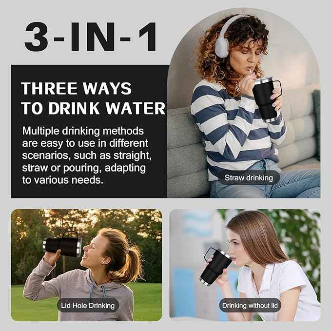 30 oz Stainless Steel Insulated Tumbler with Handle, Lid and Straw, Double Wall Vacuum Insulated Coffee Mug Tumbler, Insulated Coffee Thermal Cup for Cold and Hot (Black)