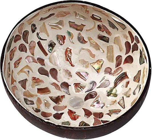 ChezMax Natural Coconut Bowl With Mother of Pearl Inlaid Shell - Key Container for Entryway Table, Candy, Nuts, Fruits & Dry Snacks - Round Handcrafted Decoration (White)