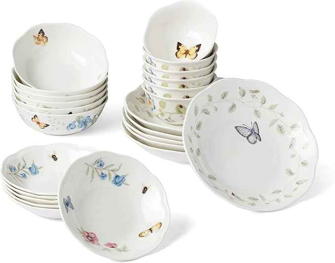 Lenox Dinnerware Set, Butterfly Meadow 24-Piece Bowls Set, Service For 6, Elegant Porcelain Dinnerware, Microwave And Dishwasher Safe, Dish Set, Plates & Dishes, Ramen Bowl (Assorted, 24 Piece)
