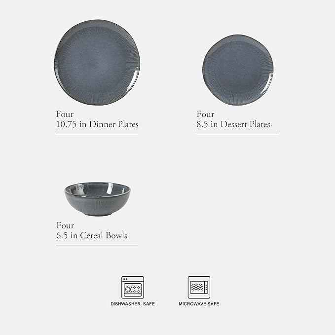 Gibson Elite Sandy Pines Stoneware Plates and Bowls Set - 12 Piece Reactive Glaze Dinnerware Set - Service for 4 - Dishwasher and Microwave Safe - Blue