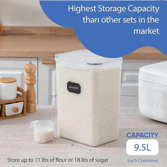 Chef's Path Airtight Food Storage Containers with Measuring Cups, Set of 2, 9.5L, 320Oz, Spacious, Leakproof Design Pantry Canisters for Flour, Sugar, and Bulk Food Storage - Transparent