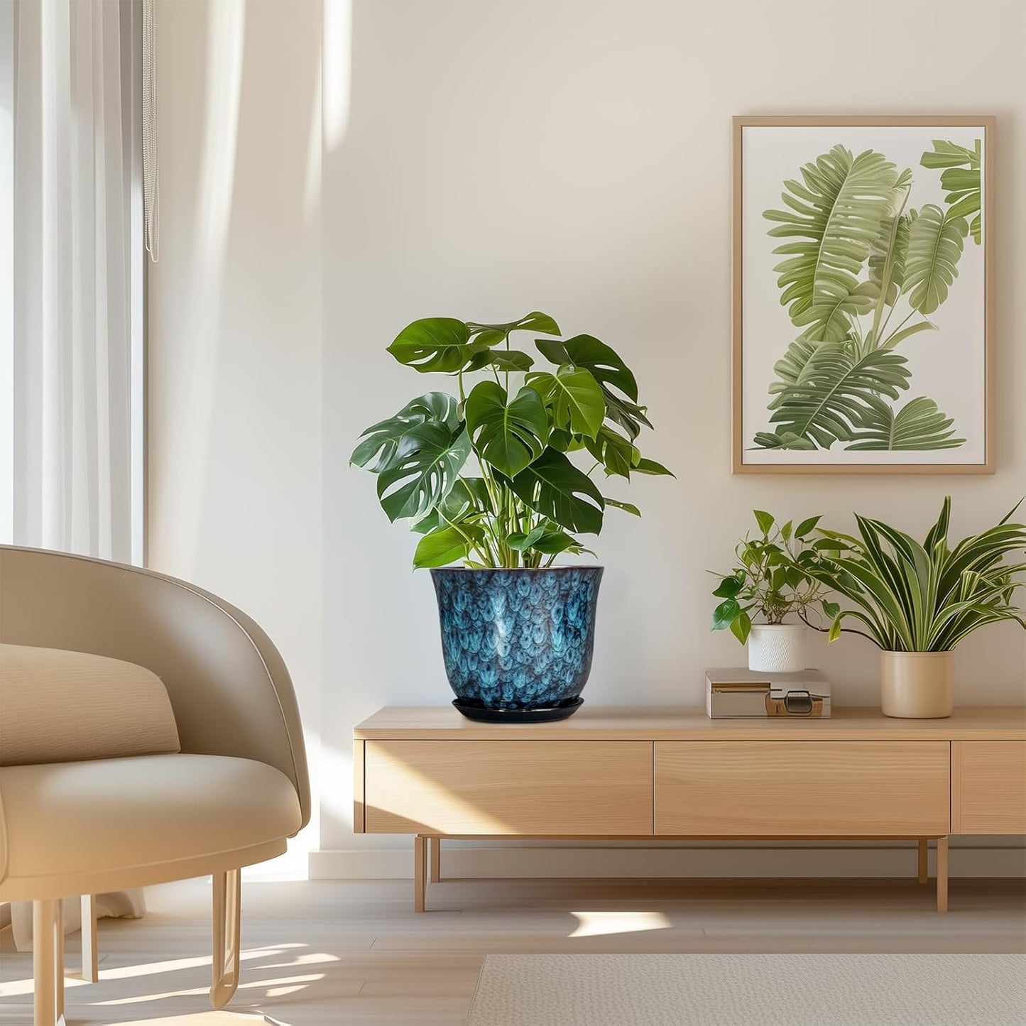 8 Inch Plant Pot - Ceramic Planter for Indoor Outdoor, Round Planter with Drainage Hole and Saucer, Modern Planters, Flower Pots, Apartment Porch Room Home Decor, Gardening Gifts, Blue