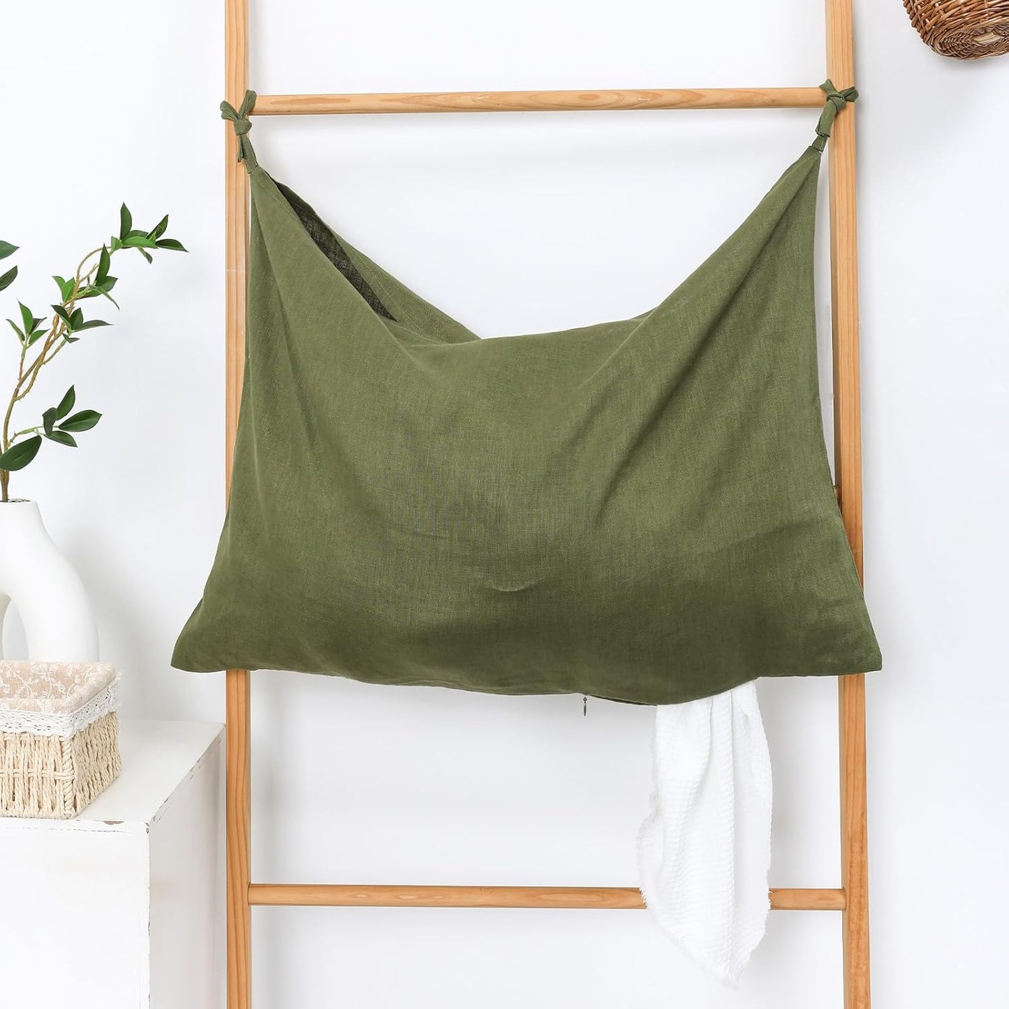 Hanging Linen Laundry Bag, 100% Pure Flax Linen Over The Door Hamper with Bottom Zipper for Laundry Room, Household Dirty Cloth Storage Organizer Bag, Army Green
