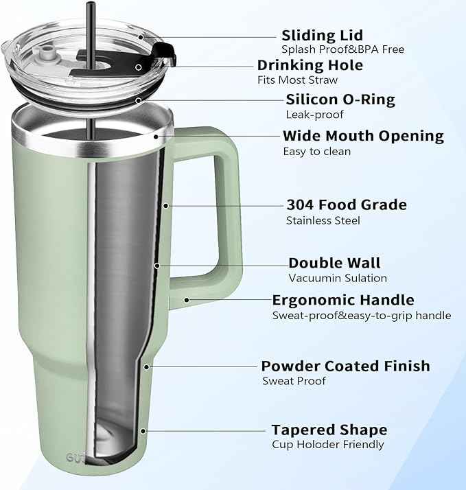 40 oz Tumbler with Handle, Insulated Tumbler with Lid and Straw, Reusable Stainless Steel Vacuum Insulated Cup, 100% Leak Proof Thermal Travel Coffee Mug Cup for Cold and Hot (Green Tea)