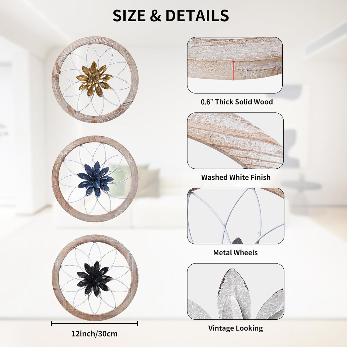 Paquesta 3 Piece Round Farmhouse Wall Decor with 6 Piece Interchangeable Flowers 12'' Medallion Wood & Metal Rustic Wall Art for Living Room Bedroom Kitchen Bathroom Dining Room Home Decorations