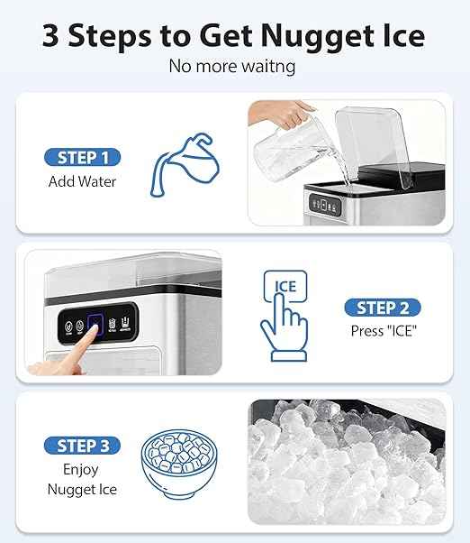 Nugget Ice Maker 40lbs/Day, Countertop Ice Maker Soft Chewable Ice, Ice Makers One-Click & Self-Cleaning, Crushed Pellet Ice Machine with Scoop&Basket for Home/Kitchen/Office, Stainless Silver
