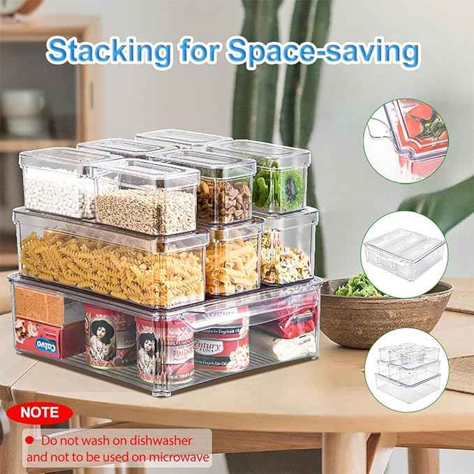 KUMD 10-Pack Clear Fridge Organizer Bins with Lids, Stackable Refrigerator Storage Containers, BPA-Free with Drain Tray & Anti-Slip Base for Fruits, Veggies, Drinks