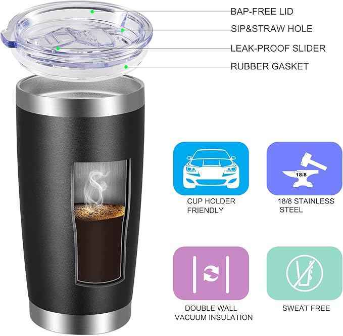 VEGOND 20oz Tumbler with Lid and Straw Stainless Steel Tumbler Cup Bulk Vacuum Insulated Double Wall Travel Coffee Mug Powder Coated Coffee Cup, Black, 12 Pack