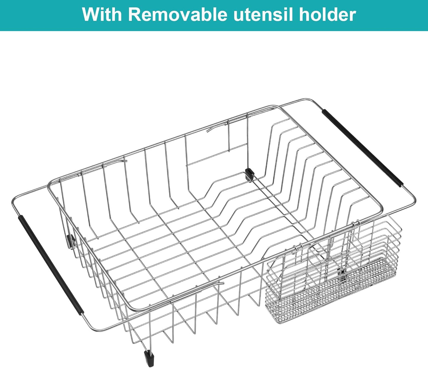 iPEGTOP Expandable Dish Drying Rack Over Sink, Rustproof Stainless Steel Basket Shelf, Multifunctional Dish Drainer Organizer with Utensil Cutlery Holder