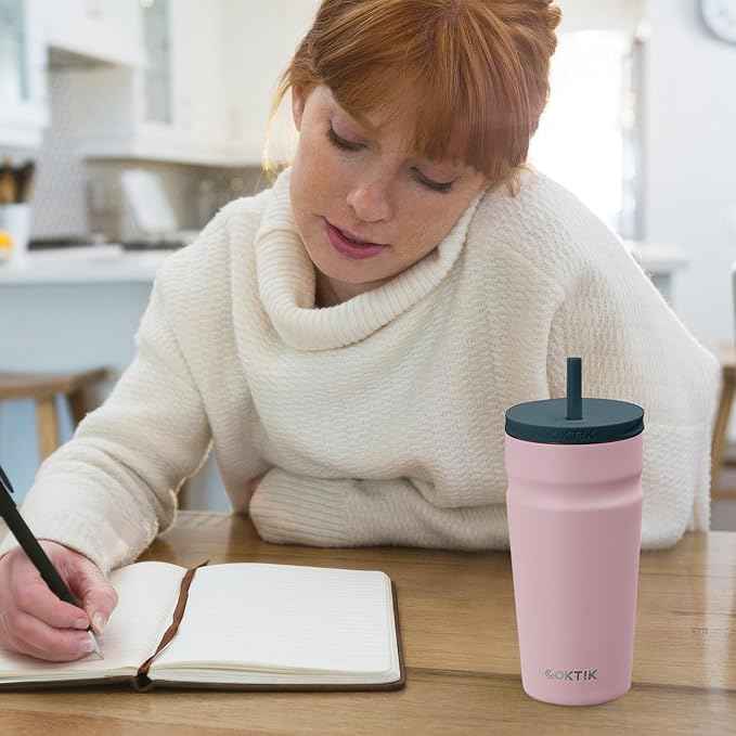 COKTIK 20oz Insulated Tumbler with Lid and Straw Iced Coffee Cup Reusable Stainless Steel Travel Mug Water Bottle Cupholder Friendly for Women Men Her Him (Blush)