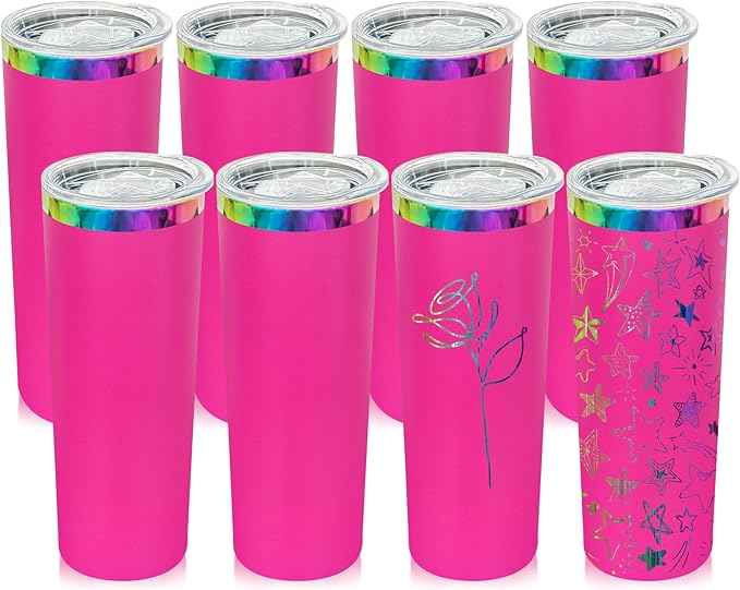 20 oz Skinny Tumblers Stainless Steel Tumbler with Lid and Straw Double Wall Vacuum Insulated Coffee Mug 20oz Powder Coated Cup for Hot and Cold Drinks(Rosy,8 pack)