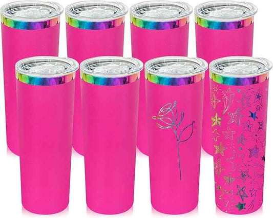 20 oz Skinny Tumblers Stainless Steel Tumbler with Lid and Straw Double Wall Vacuum Insulated Coffee Mug 20oz Powder Coated Cup for Hot and Cold Drinks(Rosy,8 pack)