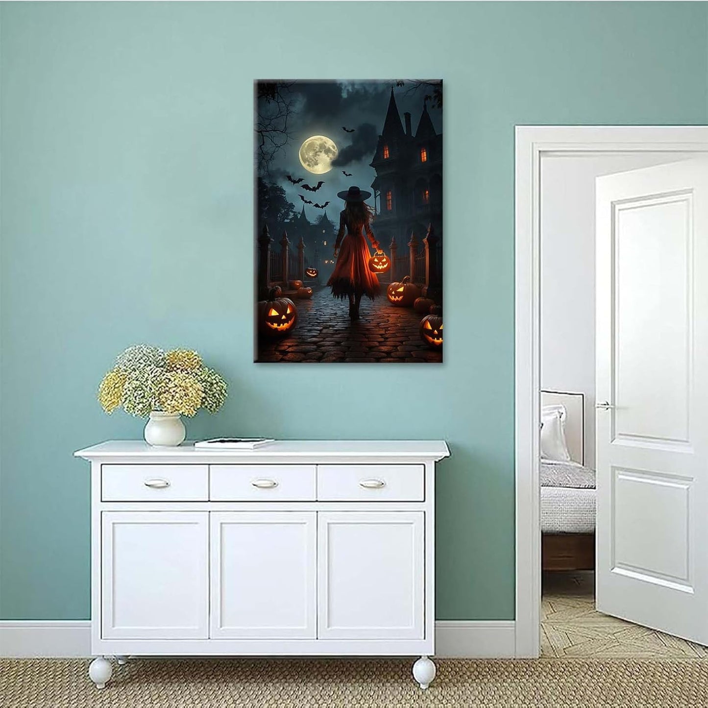 JFHCQJPK Halloween theme poster moonlit autumn night witch vintage poster art print dark college style gothic painting canvas wall decoration bedroom living room ideal gift16x24in Frameless
