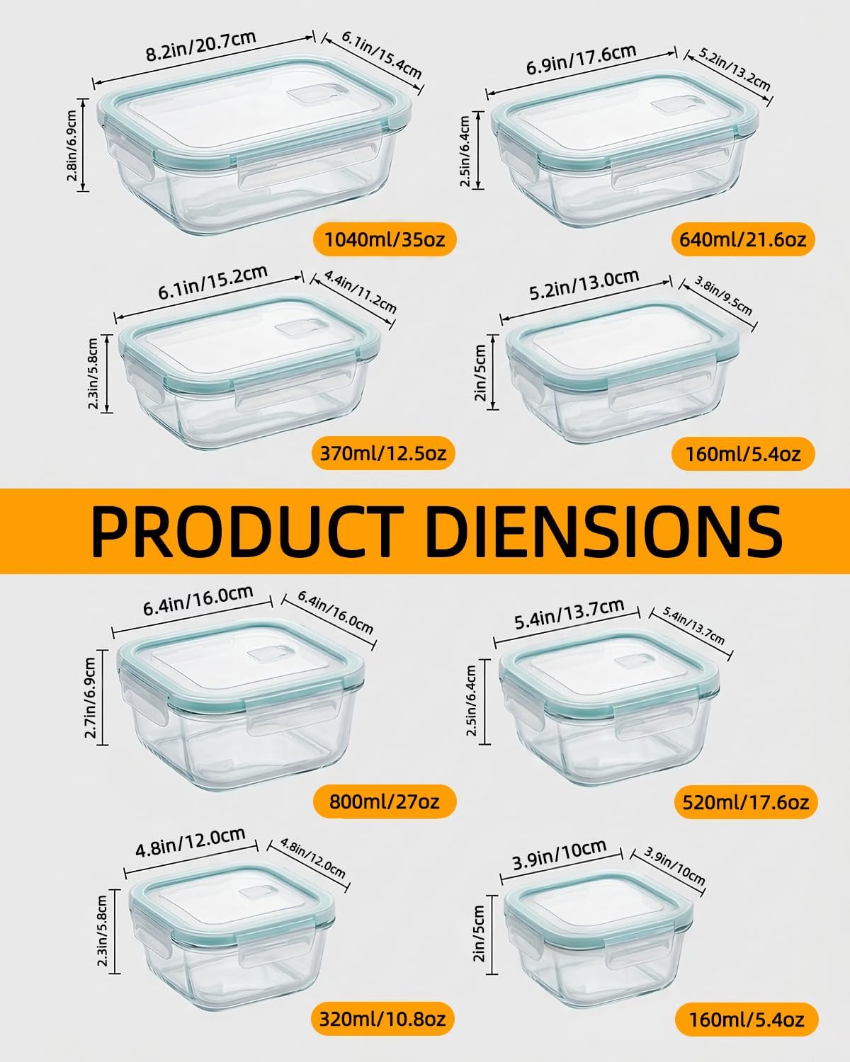 8 Pack Glass Meal Prep Containers with Lids, Glass Food Storage Containers with Airtight Vent Hole Lids, Lunch Containers Sets with lids Glass, Microwave Oven Freezer Dishwasher Safe