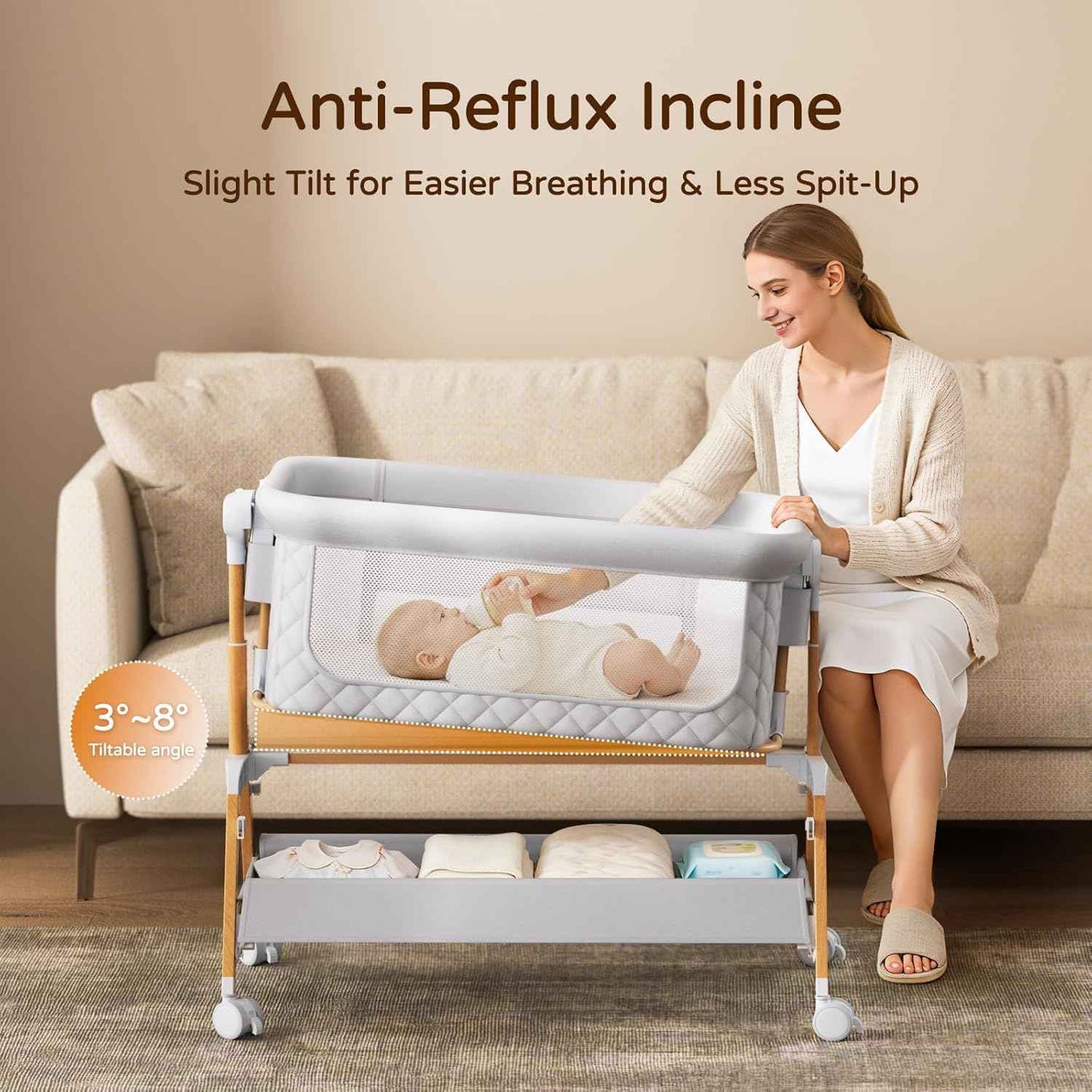 3 in 1 Baby Bassinet Bedside Sleeper,Bedside/Rocking Bassinet for Baby with Waterproof Comfy Mattress and Lockable Wheels,7 Adjustable Height, Easy Folding Portable Crib for Newborn(Gray)