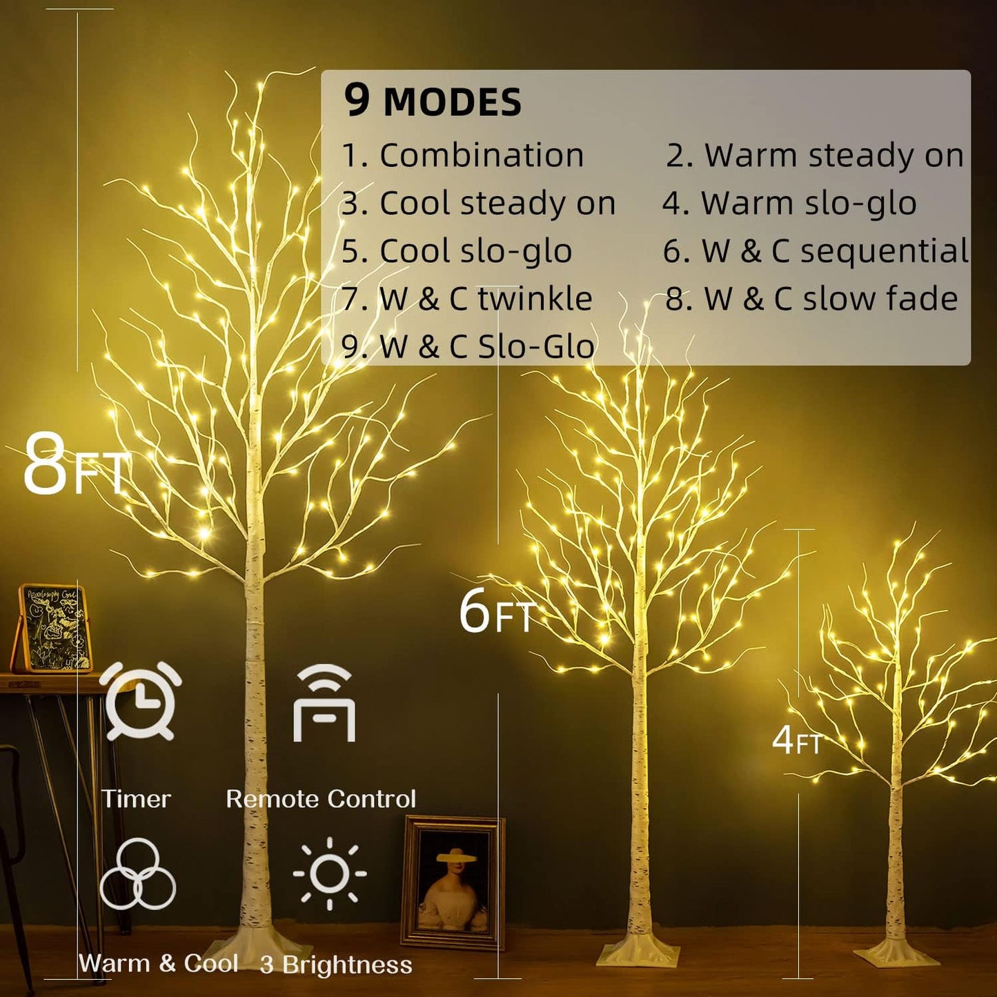 Lighted Birch Tree, Pack of 3, 4FT 6FT and 8FT Birch Tree Lights, 9Modes Timer for Indoor Outdoor Easter Tree Christmas Easter Decor Home Party Wedding Decor, Warm & Cool White