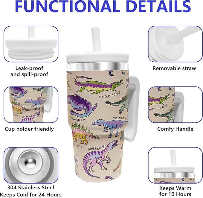 20-OZ Insulated Water Bottle,Insulated Stainless Steel Tumbler,Reusable Cold Drink Thermos,BPA-Free, Double-Wall Stainless Steel Water Bottle (Cream-Dinosaur, 20, Fluid Ounces)