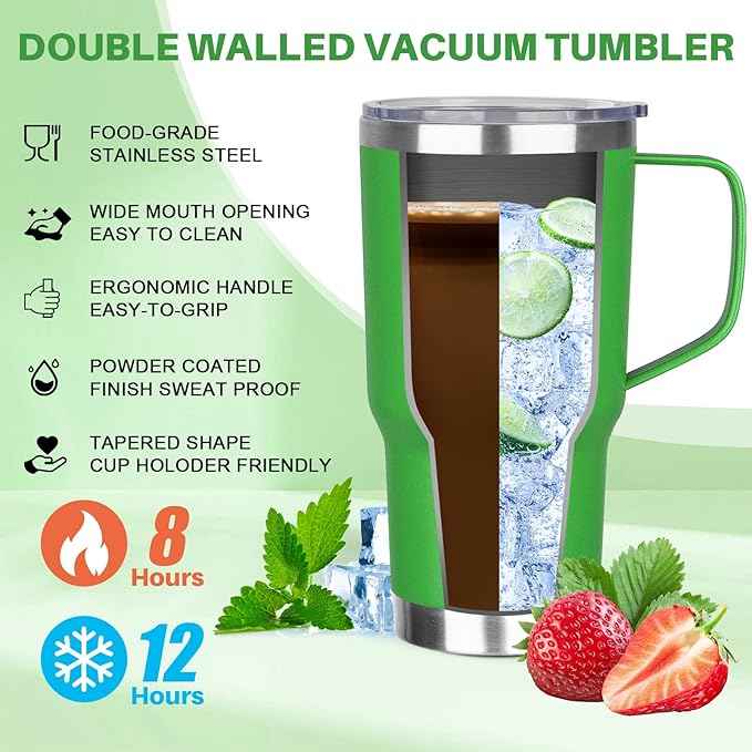 30 oz Tumbler with Handle, Stainless Steel Insulated Tumbler with Lid and Straw, Double Wall Vacuum Coffee Mug Tumbler, Insulated Coffee Thermal Cup for Cold and Hot (Fruit Green)