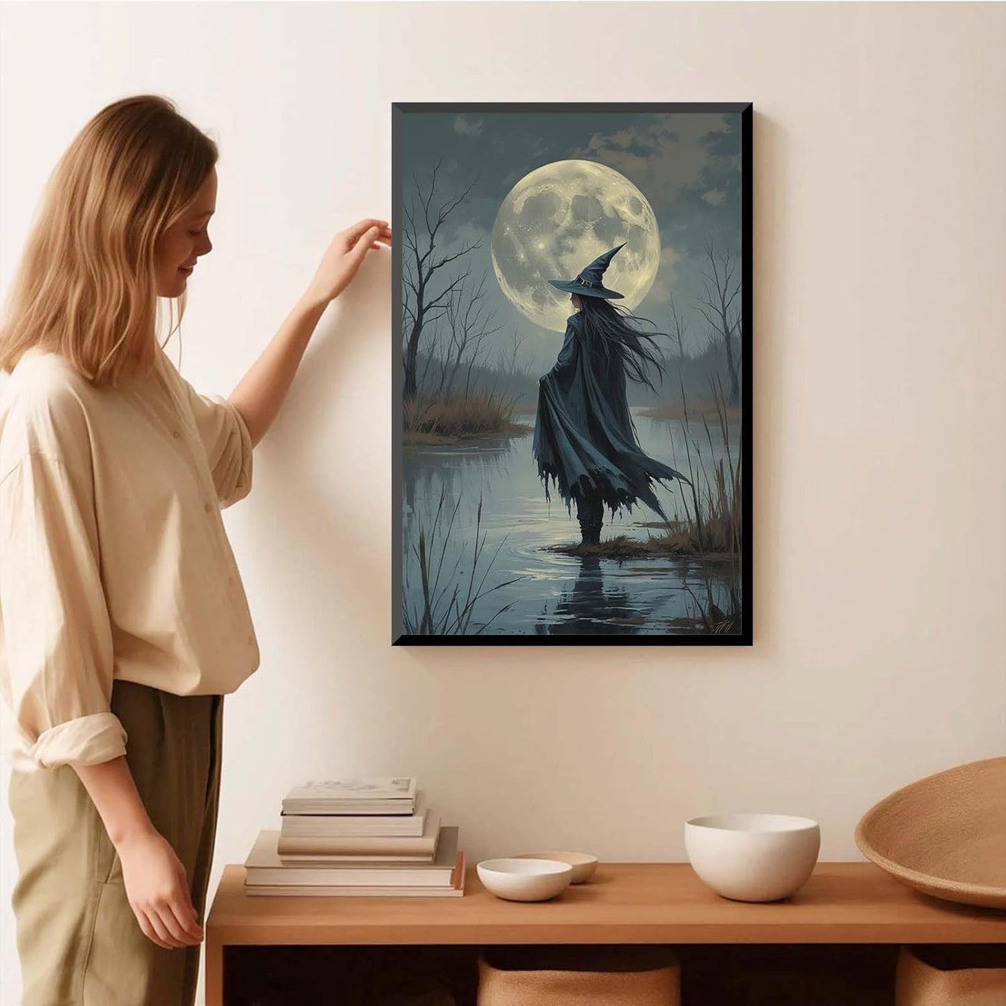 JFHCQJPK Witch in the moonlight magic canvas wall art enchanting Halloween home decor swamp witch silhouette oil painting mysterious gothic aesthetic wall decor print poster12x16in Metal blackFramed
