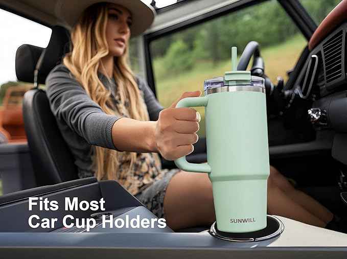 SUNWILL Coffee Tumbler with Handle, 30 oz Travel Mug with Lid and Straw Insulated, Stainless Steel Cup Leak Proof for Travel & Outdoor, Cupholder Friendly, Powder Coated Matcha Cream