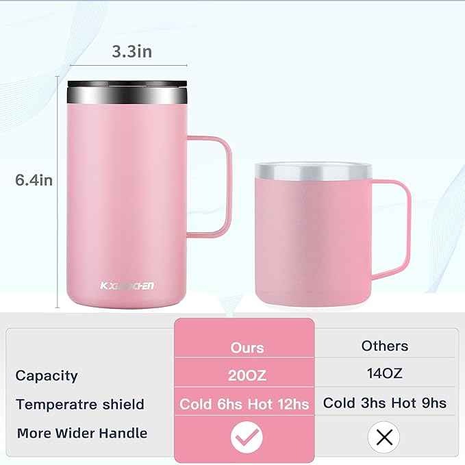 KXIAOCHEN 20oz Insulated Coffee Mug with Lid, Stainless Steel Coffee Cup, Double Wall Vacuum Coffee Tumbler with Handle, Premium Thermal Travel Coffee Mug (Pink)