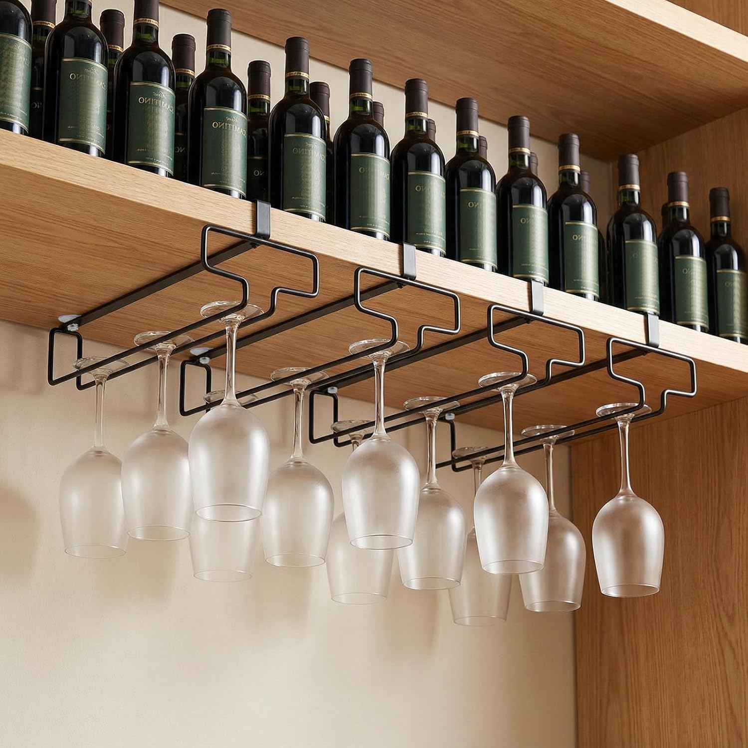 4 Pcs Wine Glass Holder, Stemware Rack Hanger Under Cabinet Wine Glass Rack Kitchen Hanging Glasses Storage Rack Organizer, Black