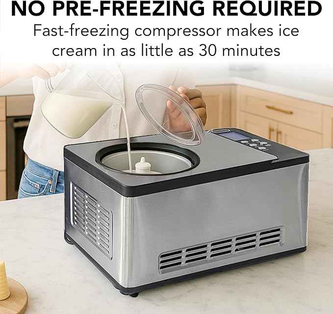 Whynter Ice Cream Maker Machine Automatic 2.1 Qt. with Built-In Compressor, LCD Digital Display & Timer, No Pre-Freezing, ICM-200LS, Stainless Steel