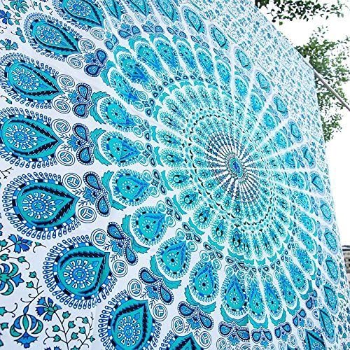 Bless International Handmade Indian hippie Bohemian Psychedelic Peacock Mandala Wall hanging College Dorm Beach Throws Table Cloth Bedding Tapestry (Peacock Sky Blue, Twin(54x72Inches)(140x185cms))
