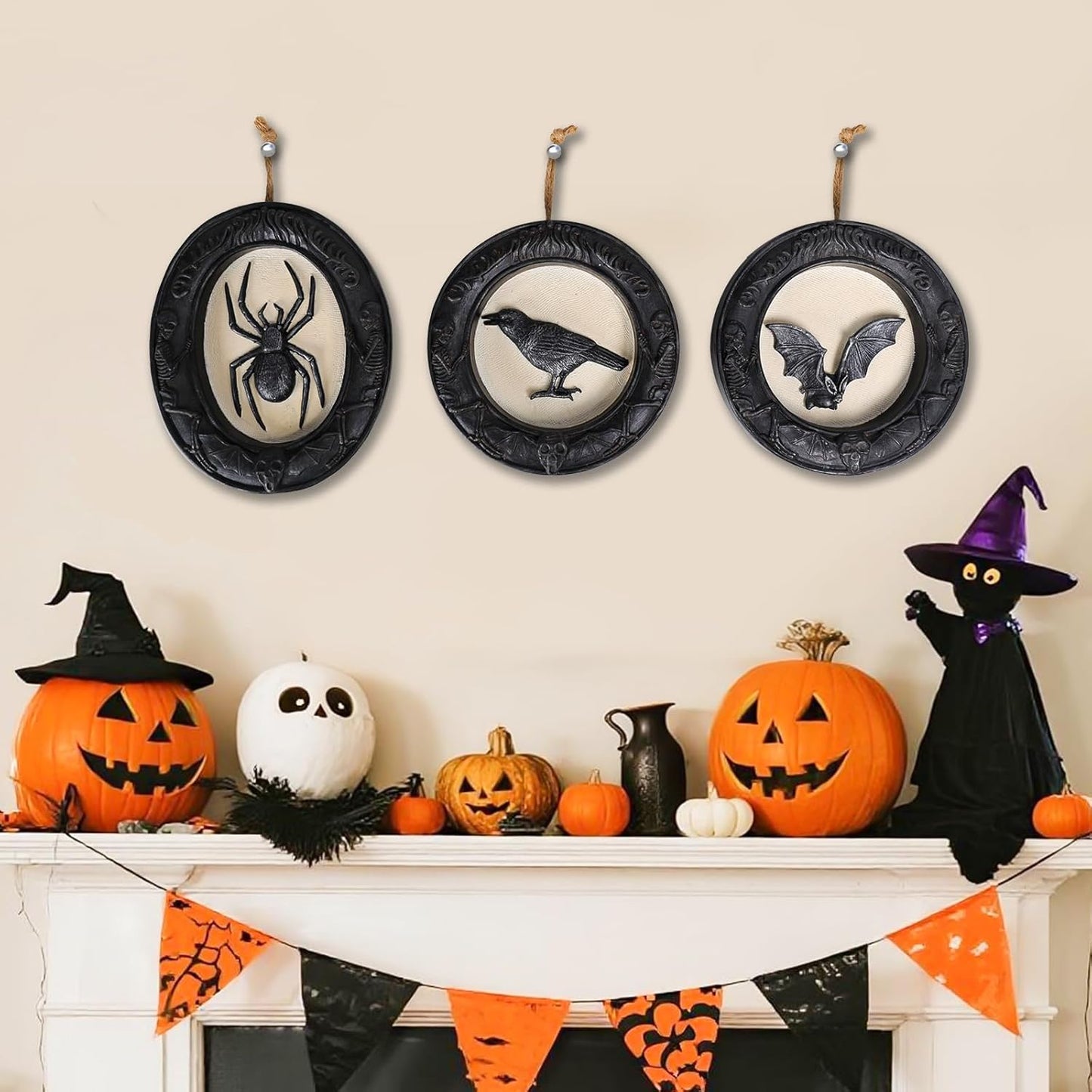 Ovewios Halloween Wall Art Decorations, Retro Gothic Framed Spooky Hanging Decor, Pack of 3 Resin Black Animal Head Wall Sculptures for Indoor Halloween Party Home Decorations