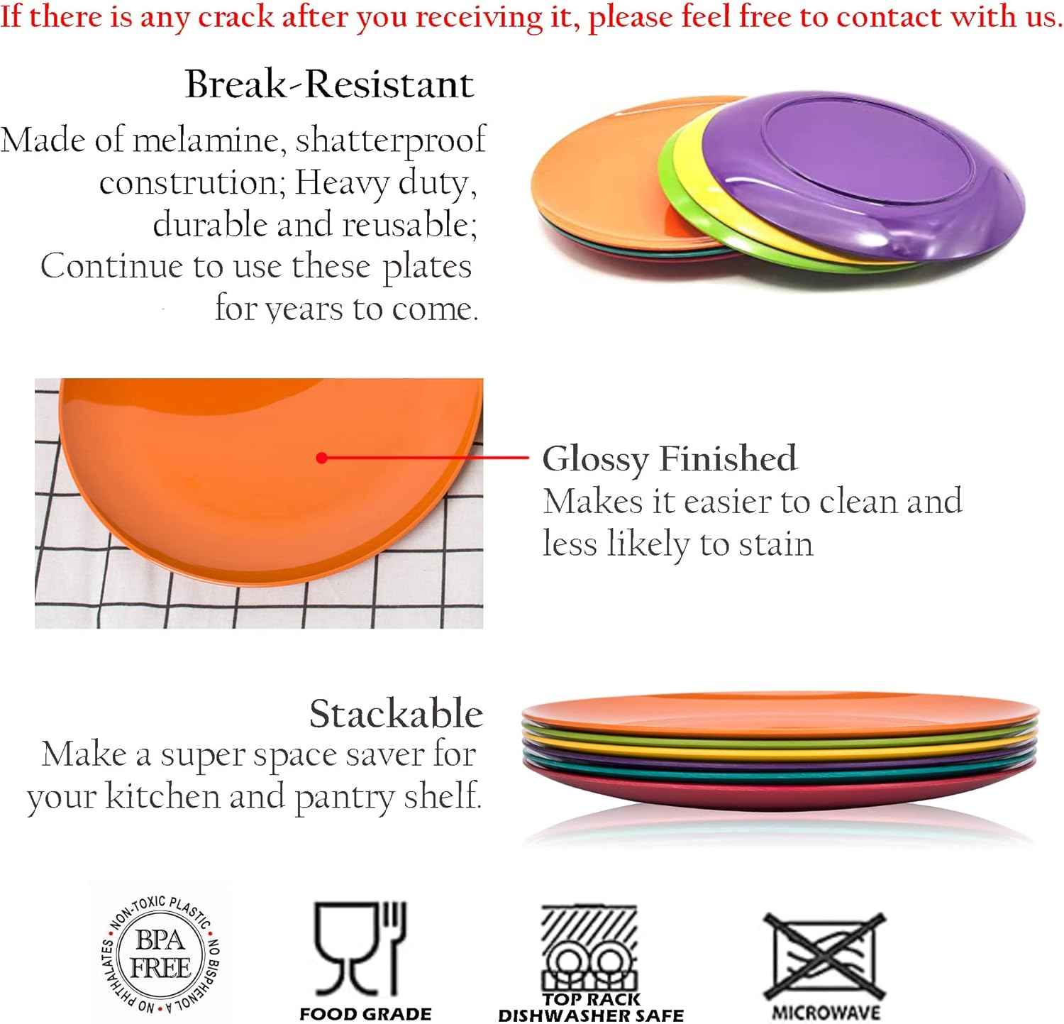 KOXIN-KARLU Melamine Plates, 10.5-inch Dinner Plates Dinnerware Dish, set of 6 in 6 Assorted Colors | 100% Melamine, Dishwasher Safe, BPA Free