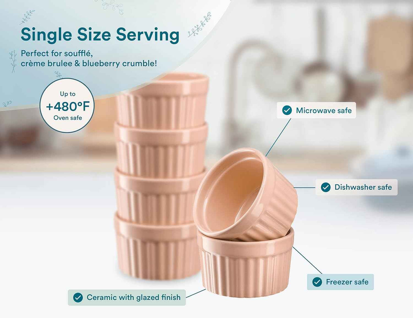 Kook Ramekins, Creme Brulee, Pink Ramekins, Set of 6 Porcelain Souffle Dishes, Oven Safe, for Baking Pot Pies, Lava Cake, Soup, 10 Oz (Dusty Pink)