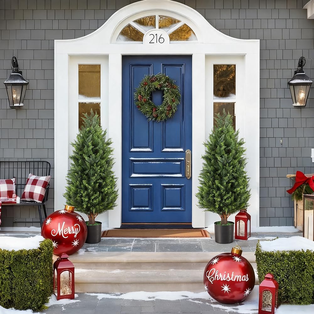 3FT Artificial Cedar Topiary Trees Set of 2, UV Resistant Lifelike Fake Evergreen Pine Potted Shrubs Plants Outdoor, Realistic Faux Cypress Bushes for Front Porch Indoor Home Garden Christmas Decor