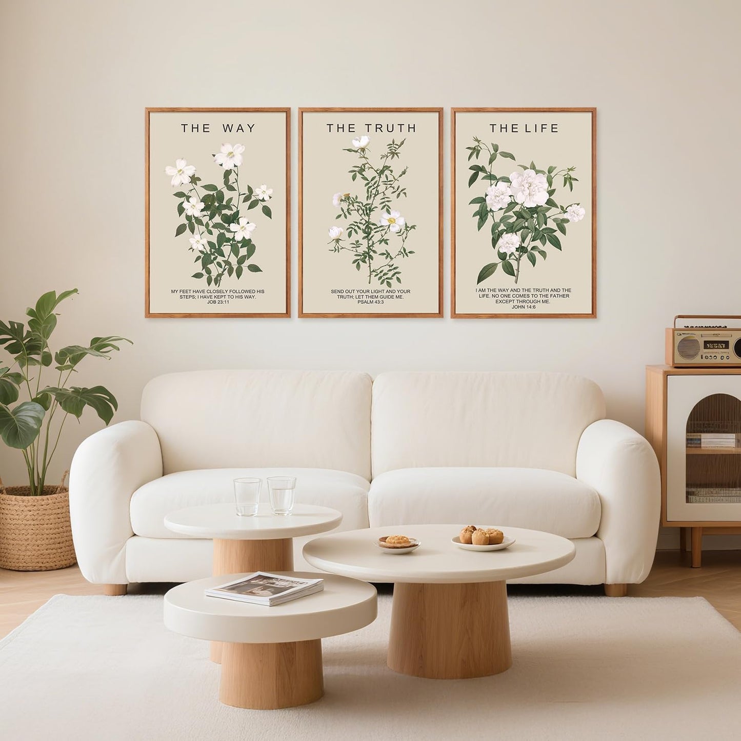 Aurlan The Way The Truth The Life Bible Verse Framed Wall Art(16"x24"), 3PCS Boho Christian Scripture Canvas Artwork, Large Floral Botanical Job 23:11 Psalm 43:3 John 14:6 Decor for Home Bedroom