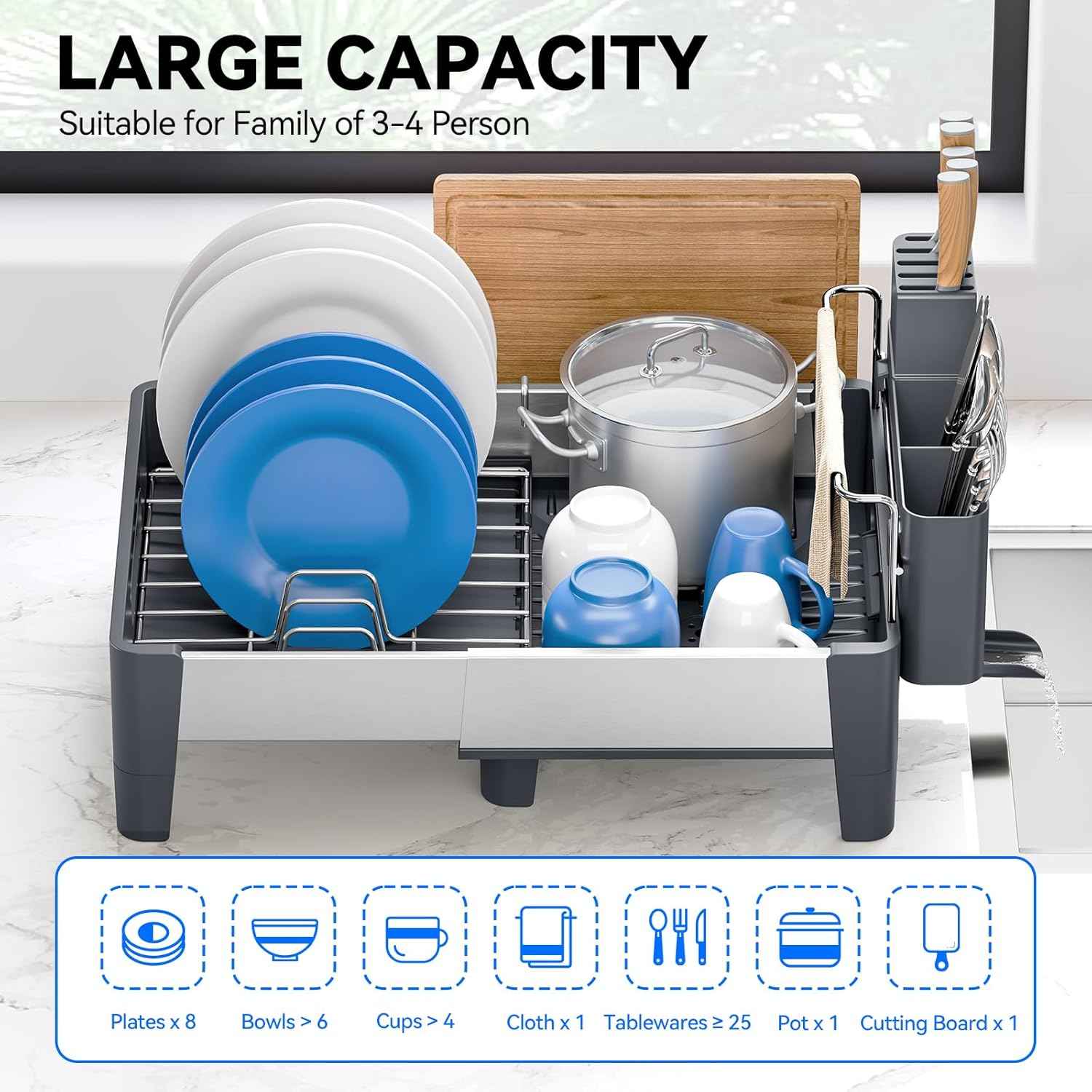 Urackify Expandable Dish Drying Rack, Stainless Steel Dish Rack with Aluminum Frame, Dish Drainer for Kitchen Counter, Space Saving Kitchen Drying Rack with Movable Utensil Holder, Gray