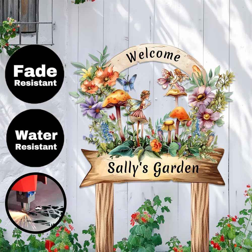 Cute Fairy Garden Metal Signs Custom with Stake,Gardeners Name Sign Personalized Decor for Outside Yard,Customized Gardening Gifts for Granddaughter Birthday,Butterfly Welcome Plaque for Lawn Patio