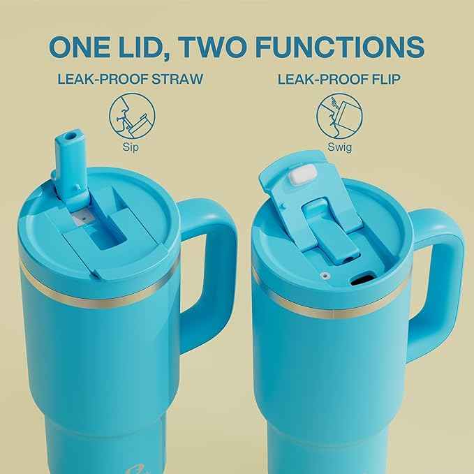 32 oz Tumbler with Handle and Straw: Stainless Steel Insulated Tumbler Keeps Cold for 24 Hours, Leakproof Travel Cup Fits in Cup Holder and BPA-Free,Azure Blue