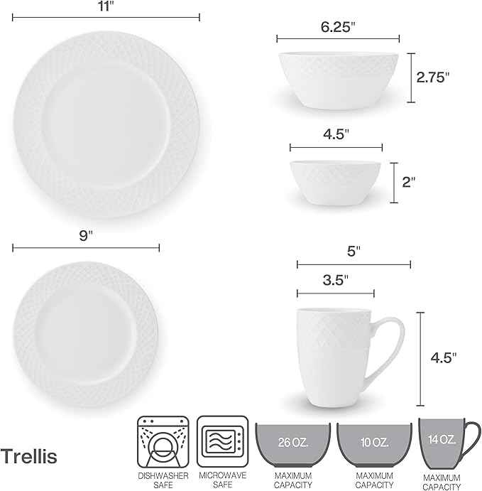 Mikasa Trellis Bone China Lightweight Chip Resistant 40 Piece Dinnerware Set, Service for 8