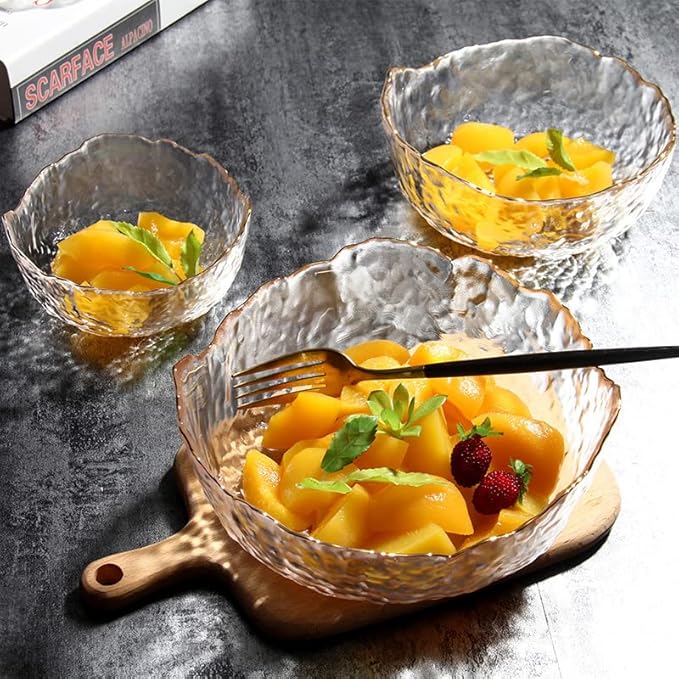 Glass Salad Bowl Irregular Lotus Flower Shape Serving Bowls, Mixing Nut Bowls for Kitchen Fruist, Snack, Dessert, and Ice Cream Candy Dishes (Crystal Clear with Gold Rim, 7.6")
