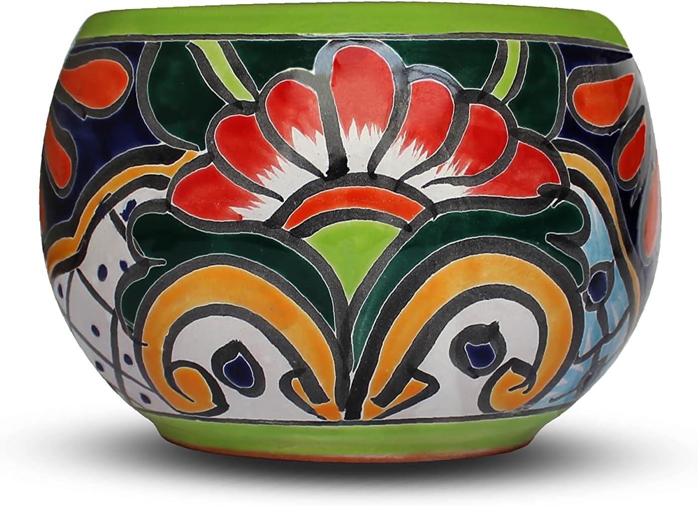 Evergreen Garden Talavera Mexican Pottery Ceramic Green Detailed Baul | Flower Pot Plant Succulent | Indoor Outdoor (9 inch)