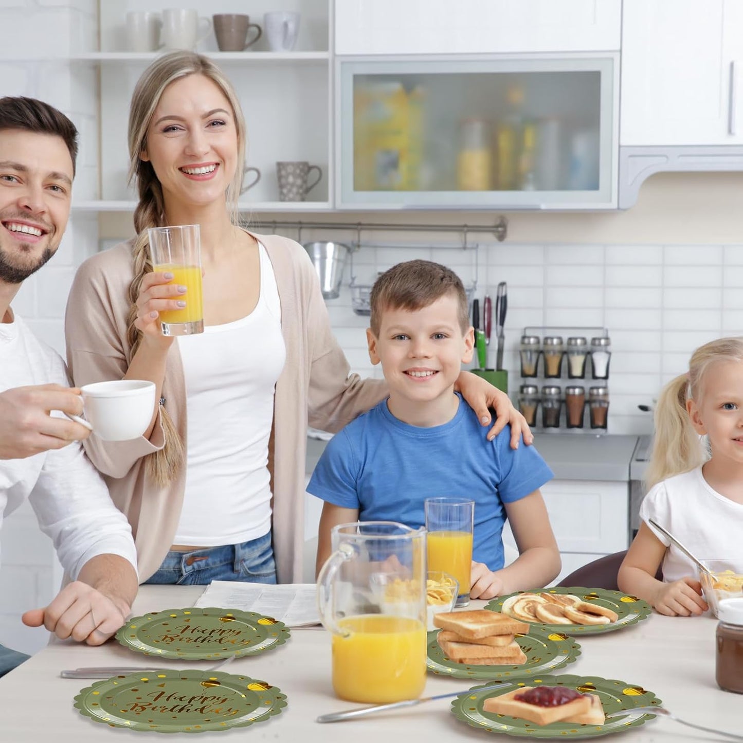 50PCS Sage Green and Gold Happy Birthday Paper Plates, 7 Inch Scalloped Disposable Birthday Dessert Cake Plates Metallic Foil Polka Dots Party Supplies for Birthday's Decorations