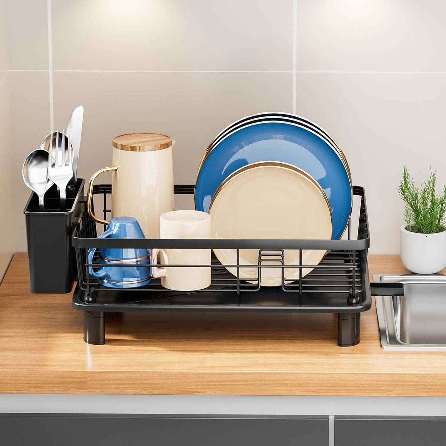 Dish Drying Rack, Stainless Steel Dish Racks for Kitchen Counter, Sink Organization and Storage Essentials, Kitchen Organizer for Forks, Spoons Dishes,Cup and Bottle (Black, 14.96''*11.02''*6.69'')