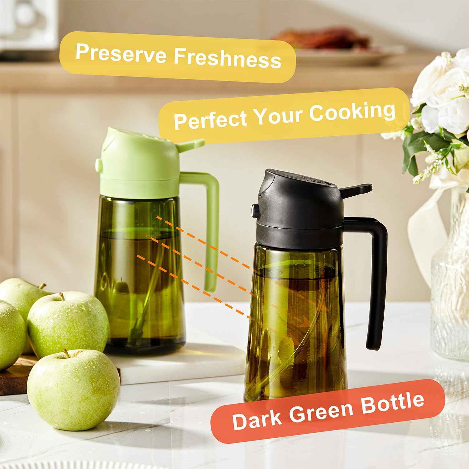 CXINYI - 16oz/470ml Olive Oil Dispenser for Kitchen with Stickers - 2 in 1 Olive Oil Sprayer for Cooking, Air Fryer, and Salad, Black&Green (Light-Proof Kitchen Gadget)